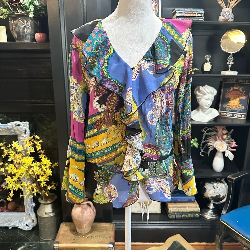 Sunny Taylor Ruffle Paisley Front Button Blouse Size Small